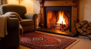 Wood fire burning in a brick fireplace beside an armchair and log holder