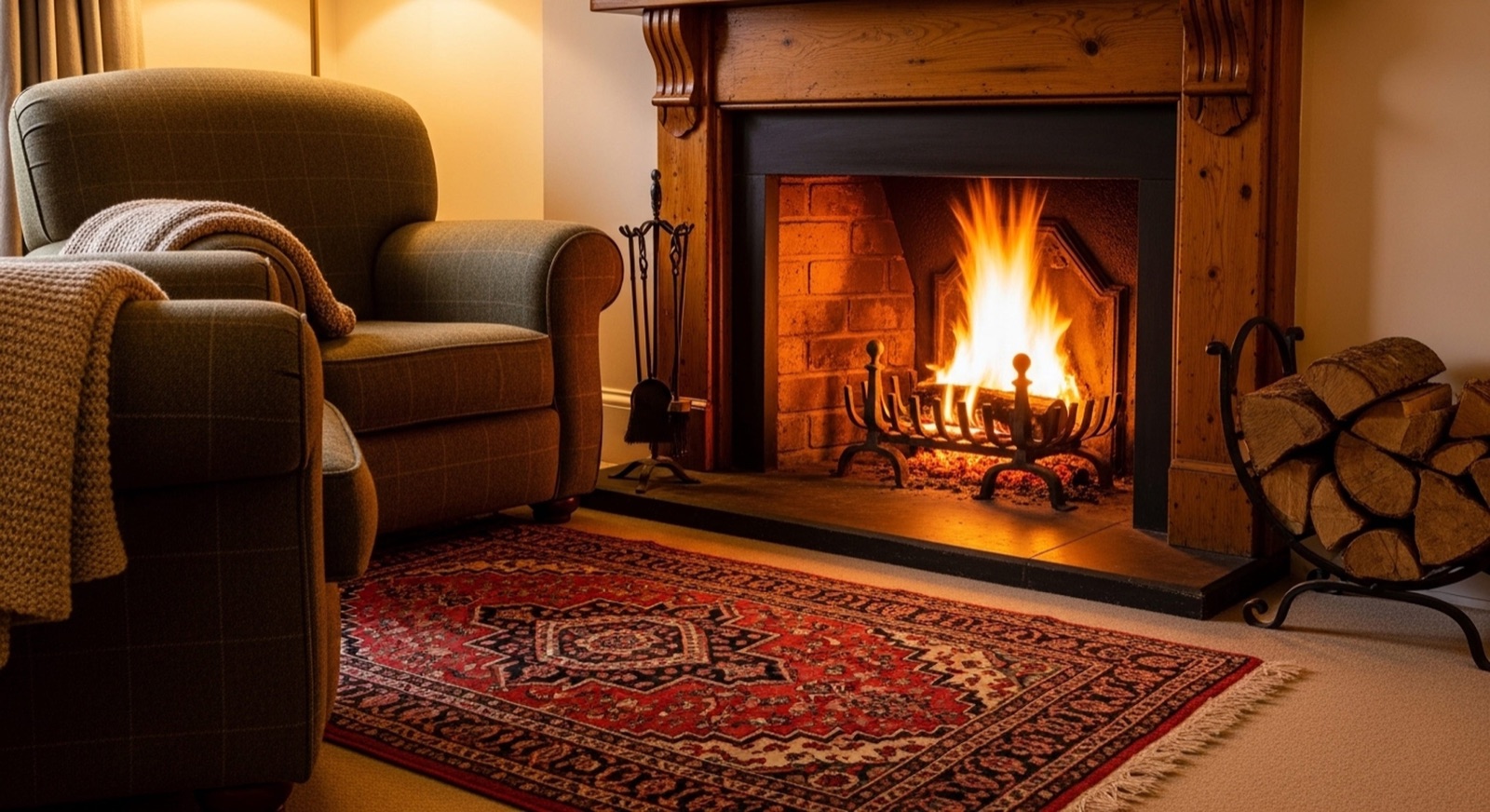 Wood fire burning in a brick fireplace beside an armchair and log holder