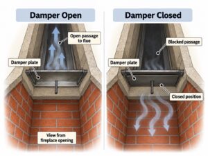 Diagram of a fireplace throat damper shown open and closed