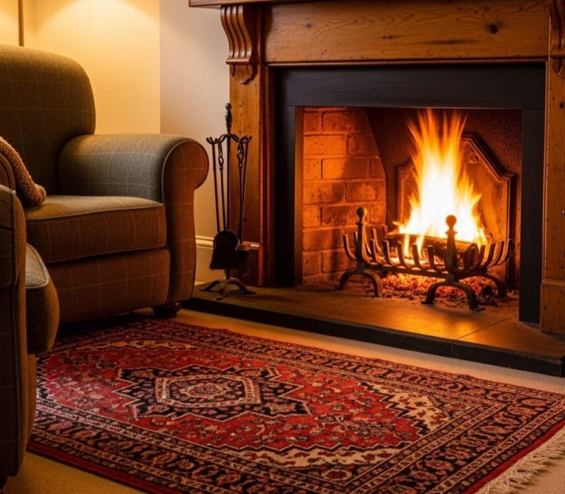 Wood fire burning in a brick fireplace beside an armchair and log holder