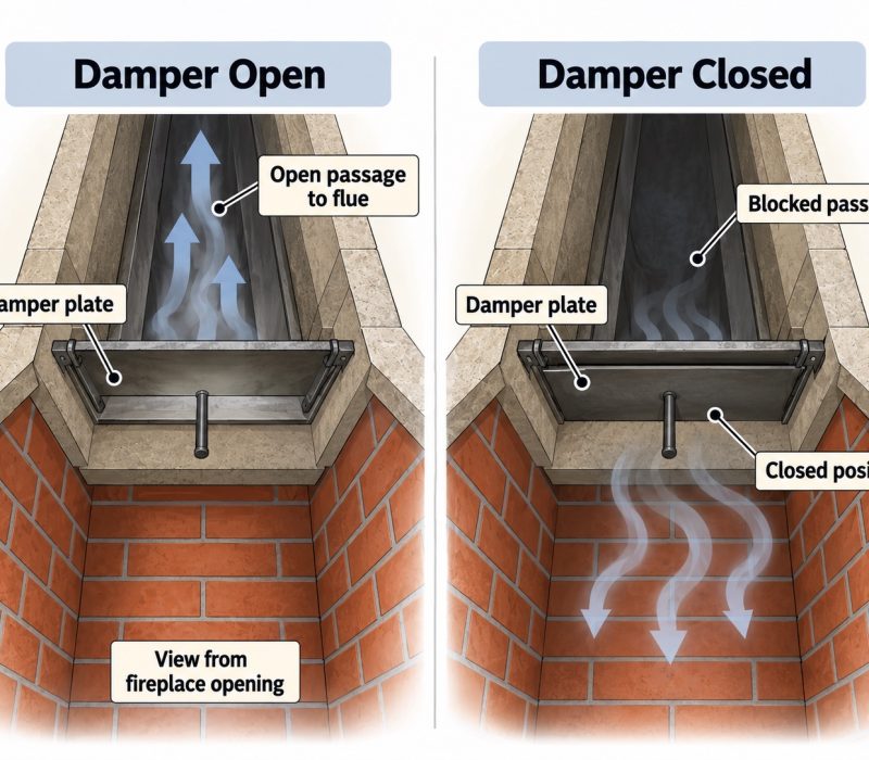 Diagram of a fireplace throat damper shown open and closed